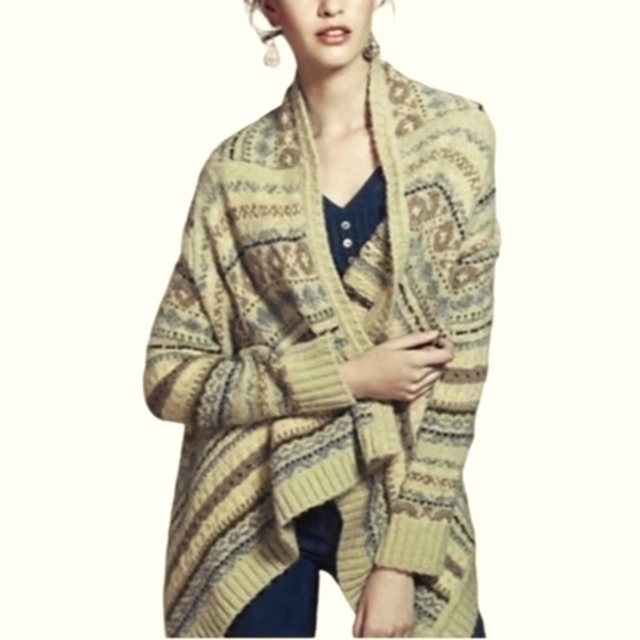 Anthropologie Sleeping On Snow Women's Tan Fair Isle Open Knit Wrap Cardigan M - Picture 1 of 9